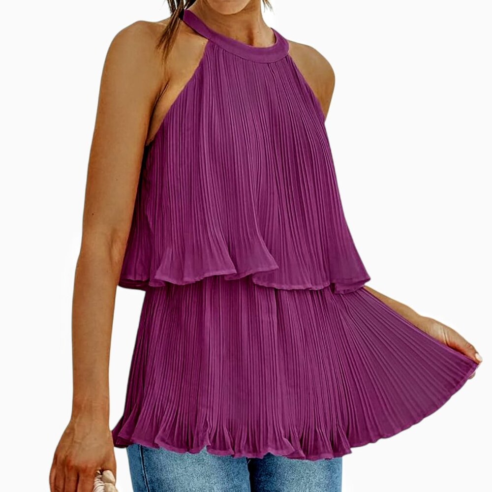 NWOT S Tiered Halter Tank Top Tie Back Blouse Sleeveless Layered Eggplant Purple